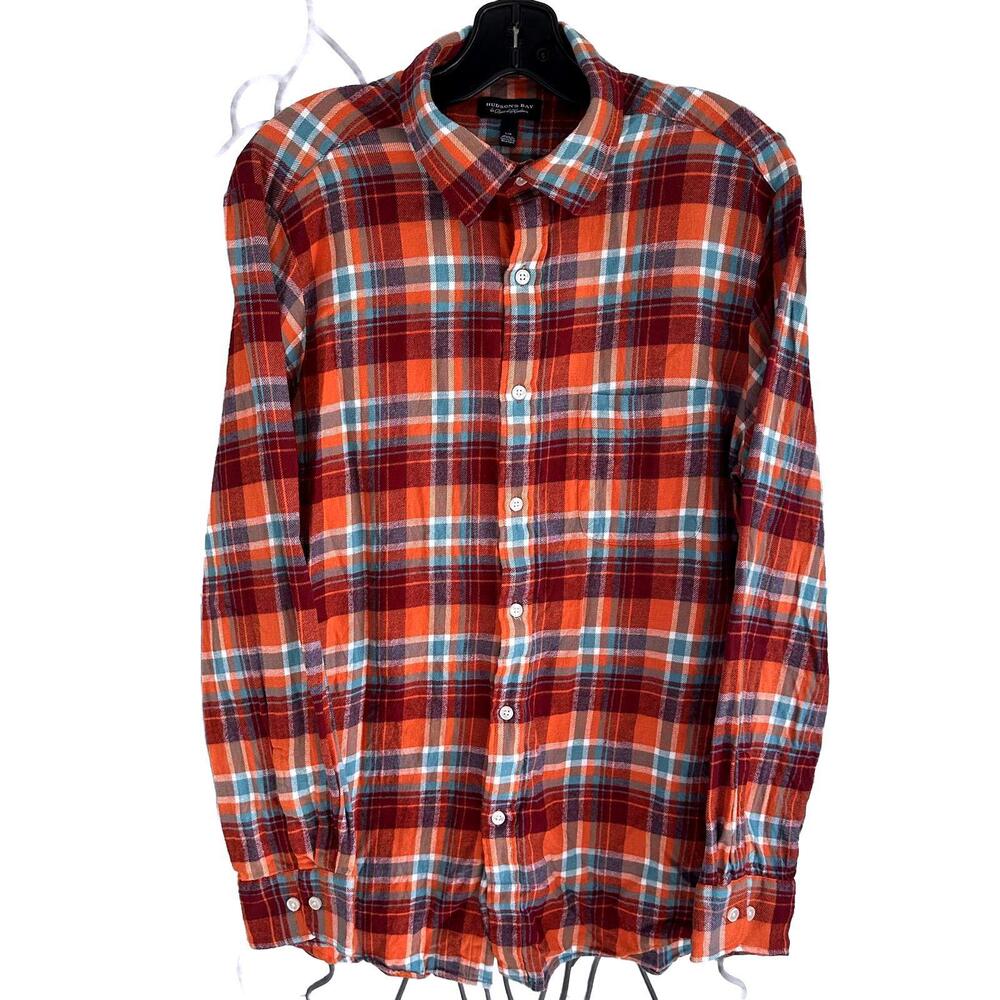 HUDSON Bay Company Authentic Men's Orange Plaid Flannel Button Down Shirt - L/G